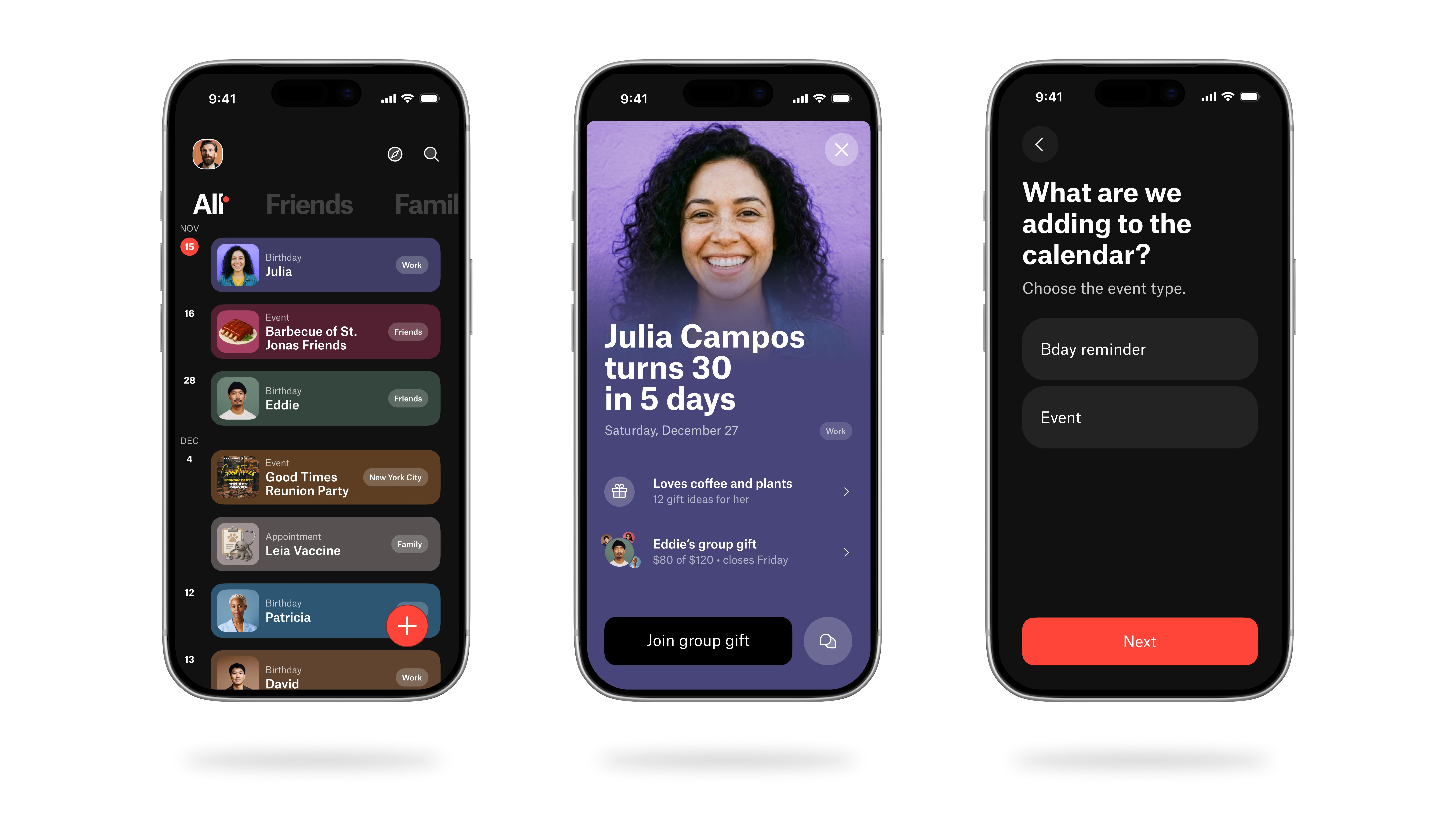 Three Bday app screens: the list of upcoming birthdays, Julia Campos’s birthday with a group gift, and the flow to add a reminder or event
